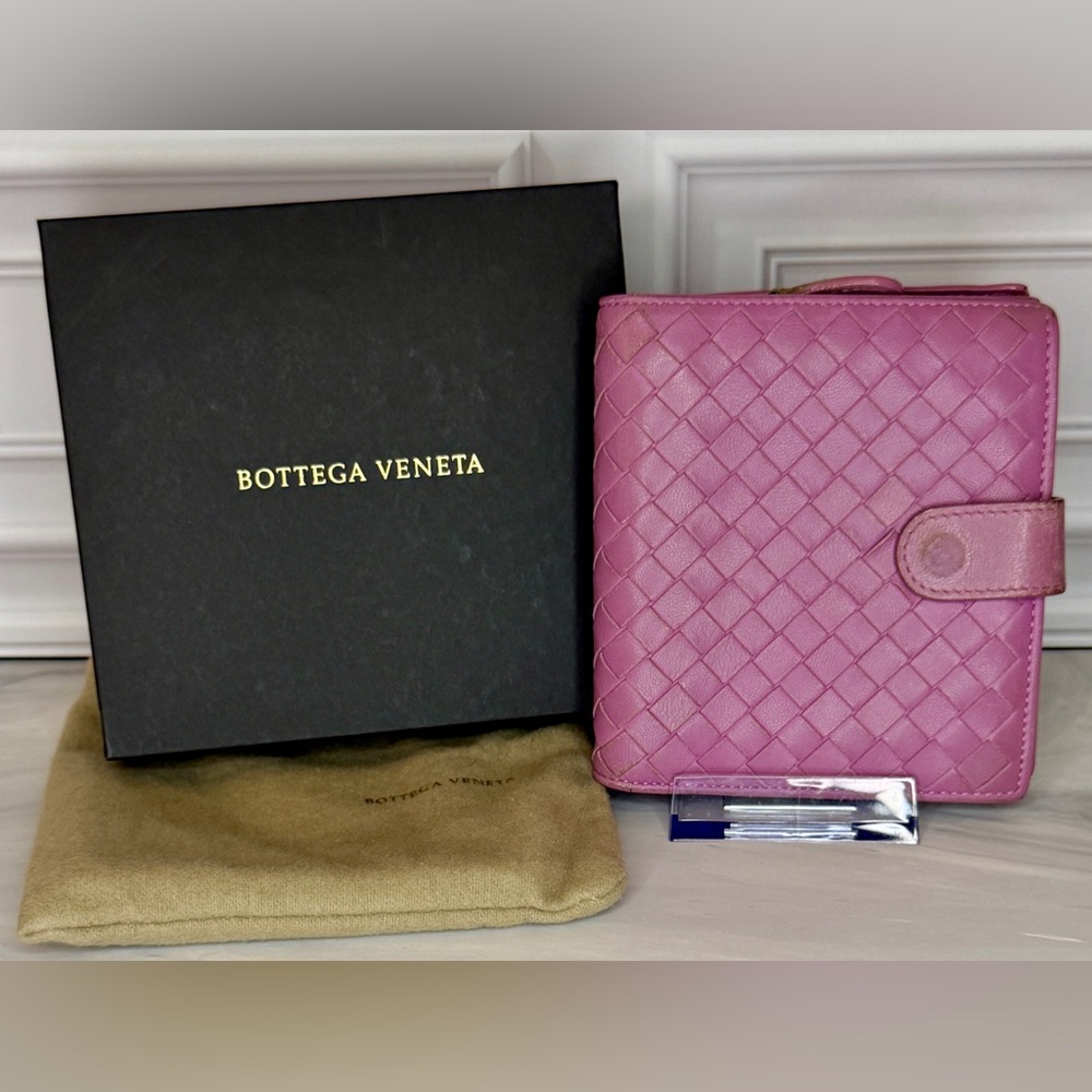 Bottega Veneta Purple Intrecciato Leather French Compact Wallet | Full Set